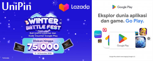 Lazada Winter Battle Fest: Beli UniPin Voucher & Google Play Gift Code, Diskon Hingga IDR 75.000!
